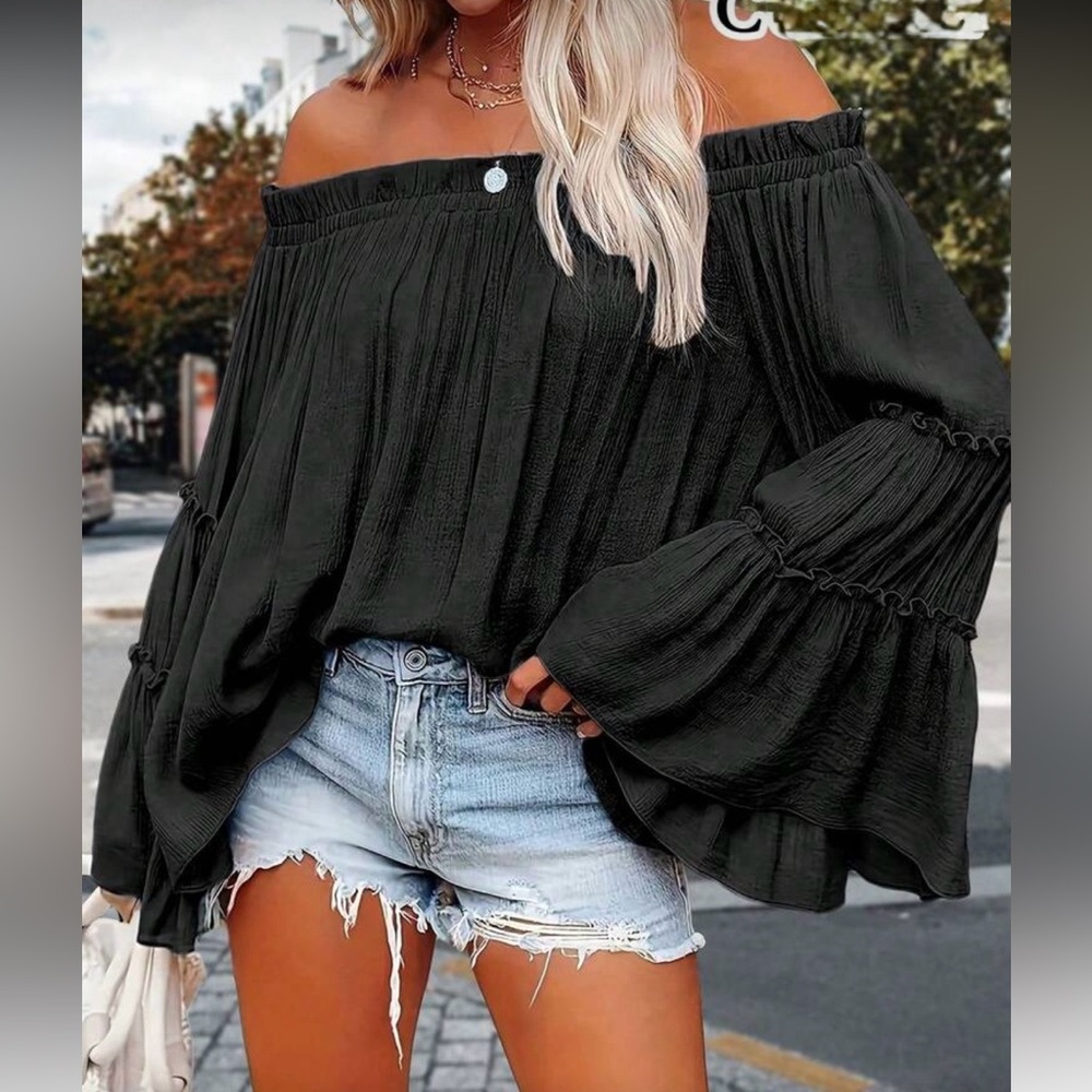 Plus Size Off-Shoulder Ruched Top Blouse Shirt Black